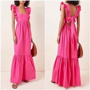 Self Portrait Open Back Ruffled Cotton Maxi Dress Pink